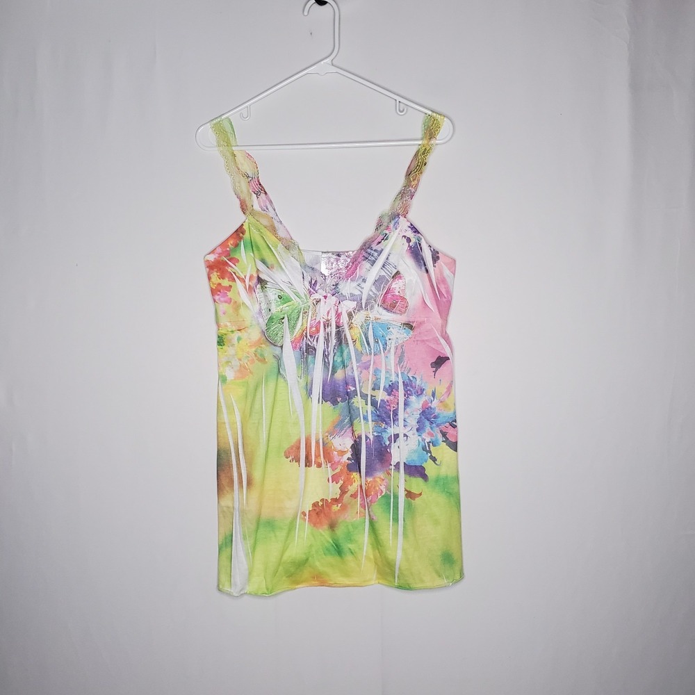 Vtg Y2K USA Rainbow Lace Trim Tank Top Juniors 1X Fairy Grunge Coquette Whimsy